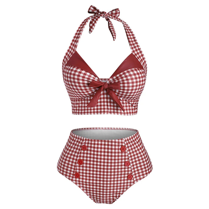Maillot de bain tankini pour femme Dressfo avec contrôle du ventre, style vintage à carreaux, style corset avec faux boutons, maillot de bain de plage d'été