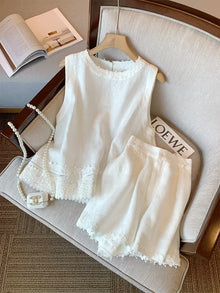 Summer 2025 Women's Embroidered Lace Trim Linen Two-Piece Set Sleeveless Top And Shorts Outfit Elegant And Proper Fashionable