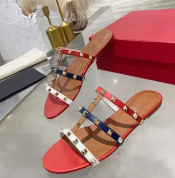 Women Soft Leather Stud Flat Shoes Open Toe Summer Black White Brown Slippers Seam Retro Leisure Slides EU34-43 Big Gold Rivets