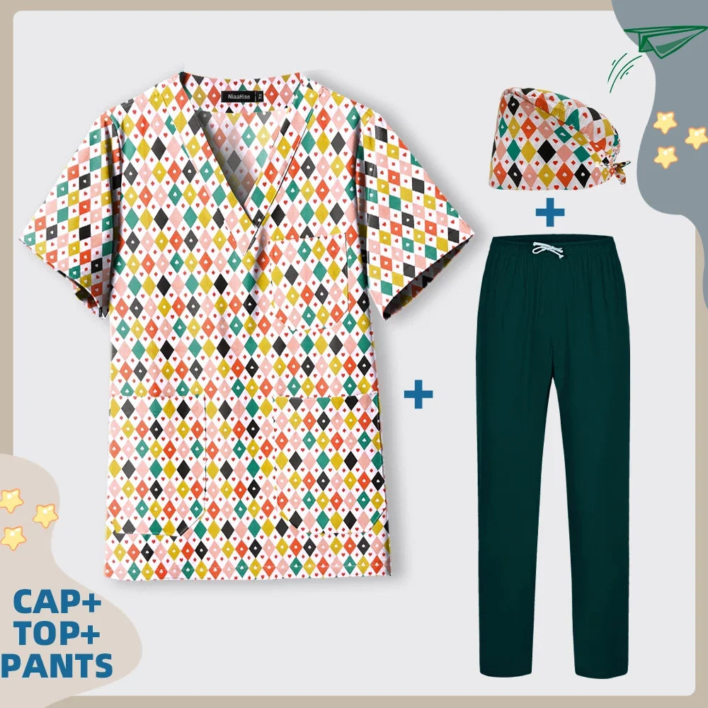Print Dogs/Cats/Rabbit Scrub Tops Women Men Medical Scrub Shirts Pet Shop Vet Workwear Doctor Nurse Uniform Dentist Overalls Cap