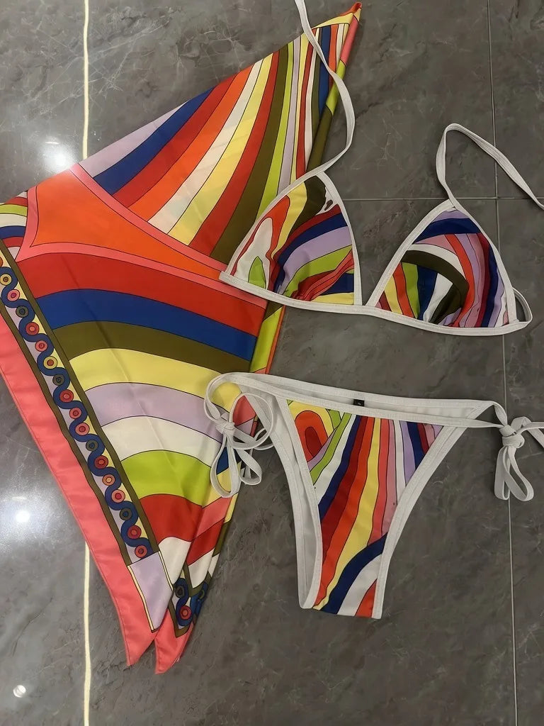 2026 Fashion Design Women's Red Scarf Sling Swimsuits Classic Brand Lady Scarf Bikini Sets with Letter Signature Logo