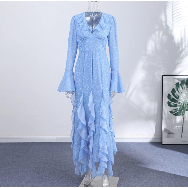 Women Printed V Neck Long Dress Flared Sleeve Lotus Leaf Edge High Waist Slim Fit Maxi Dresses Lady Elegant Evening Party Dress
