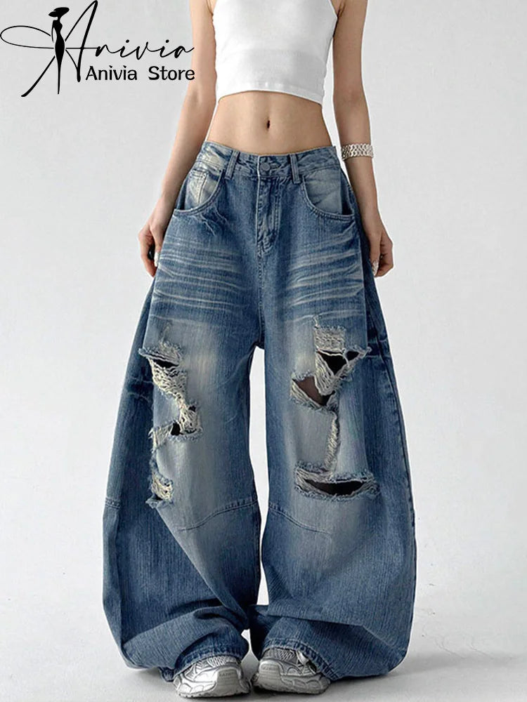 Women's Blue Casual Denim Long Pants Jeans Cargo Baggy Y2K American Streetwear Aesthetic 2000S Retro Denim Jeans Clothing 2026