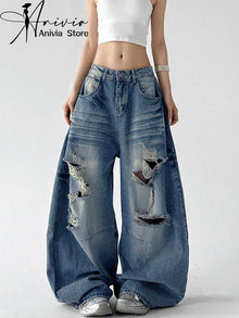 Women's Blue Casual Denim Long Pants Jeans Cargo Baggy Y2K American Streetwear Aesthetic 2000S Retro Denim Jeans Clothing 2026