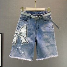 Ladies' Beaded and Sequined Denim Cropped Pants, New Summer Style, Raw-edge Straight-cut, Slim-fitting, Versatile Shorts