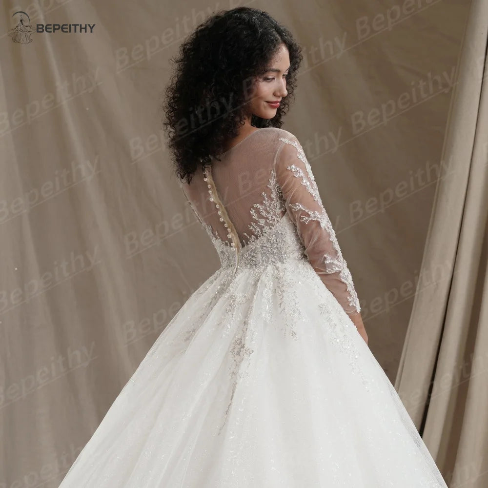 BEPEITHY Customized Muslim Long Sleeves Wedding Dresses 2026 Winter Women Princess Bridal Ivory Luxury Glitter Ball Gown Bride