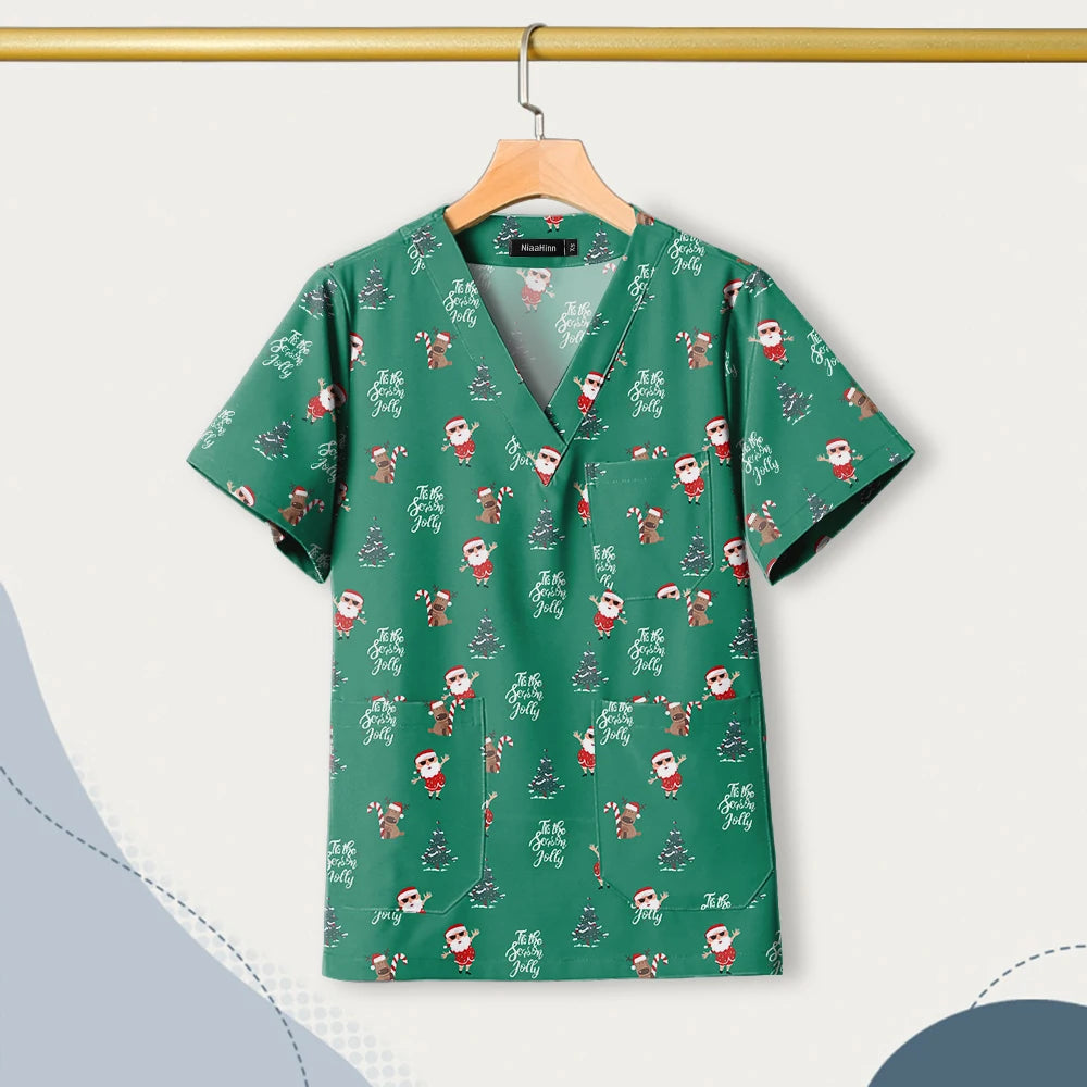 Nursing Uniforms Cartoon Printed Medical Elastic Hospital Doctor Unisex Halloween Christmas Costumes Women Men Nurse Scrubs Tops