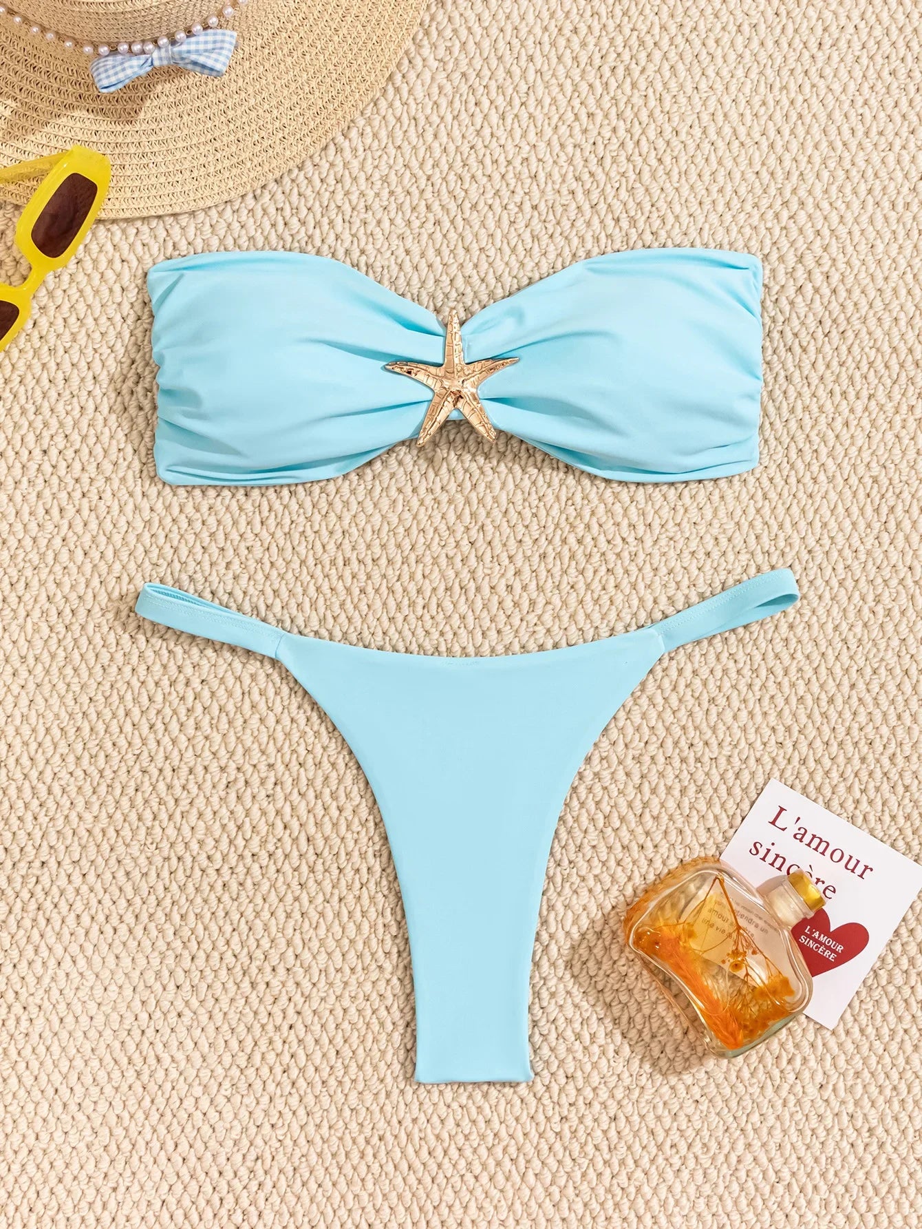 Sky Blue Starfish Thong Bikini Set Push Up Bandeau Two Piece