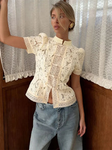 Tossy Lace Cardigan Women Short Sleeve See Through Blouse