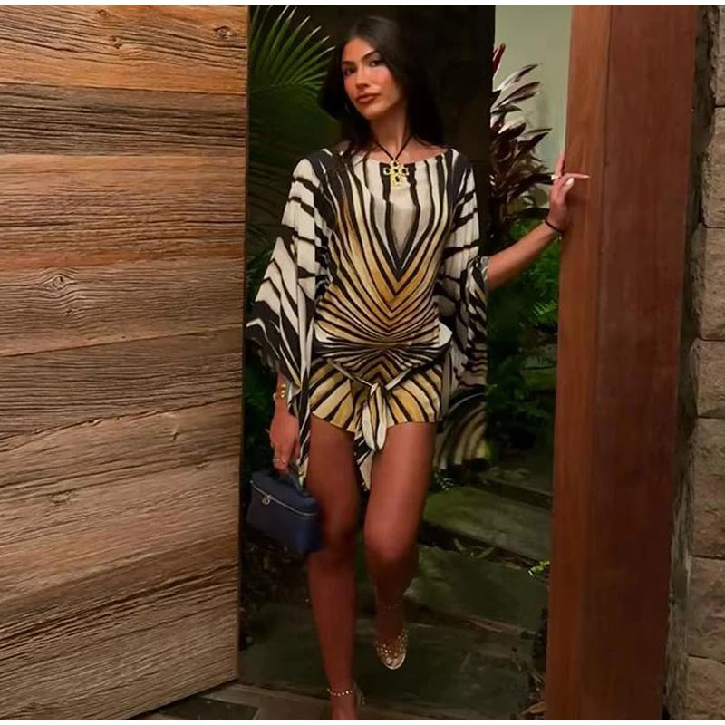 Holiday Loose Striped Mini Dress Women Round Neck Batwing Sleeve Lace Up Chic Dresses Female 2026 Summer Vacation Beach Robes