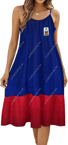 Haiti Flag Haitian Dress Women Sexy Long Suspender Dresses Halter Flared Dresses Casual Midi Dress
