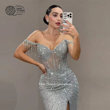 FableT Silver Gray Off Shoulder Sequin Prom Dresses Side High Split Customized فساتين سهرات Floor-Length robes de soi