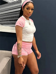 Weird  Puss Sporty Patchwork 3 Piece Set Women Casual Summer Headband+Crop Top+High Waist Bike Shorts Street Matching Tracksuit