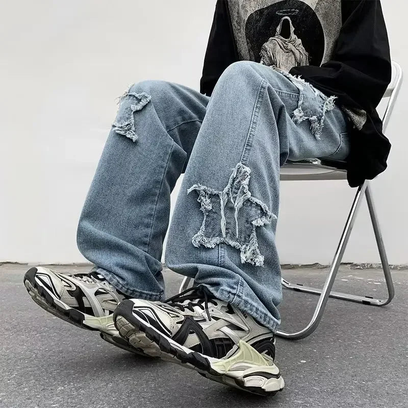Y2K Clothes Straight Hip Hop Cotton Trousers Pantalon Homme 2024 New Fashion Stars Towel Embroidery Brown Men Jeans Pants