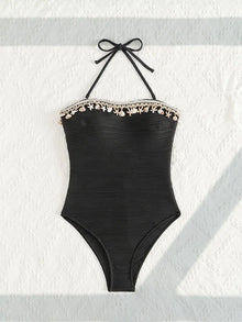 Cikini Sexy One-Piece Swimsuit Solid Color Textured Seashell Starfish Pendant Detachable Strapless Halter Backless Hollow Out