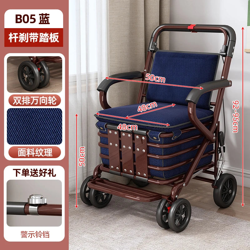 Foldable Shopping Cart with Seat 4 Wheel Walker Push Cart Large Capacity Grocery Trolley for Elderly Outdoor Mobility