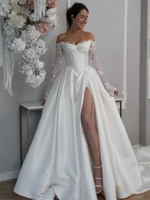 SWEMILE Customized Off Shoulder Long Appliques Sleeves Satin A-Line Wedding Elegant Lace-up Back Floor Length Side Slit Gown