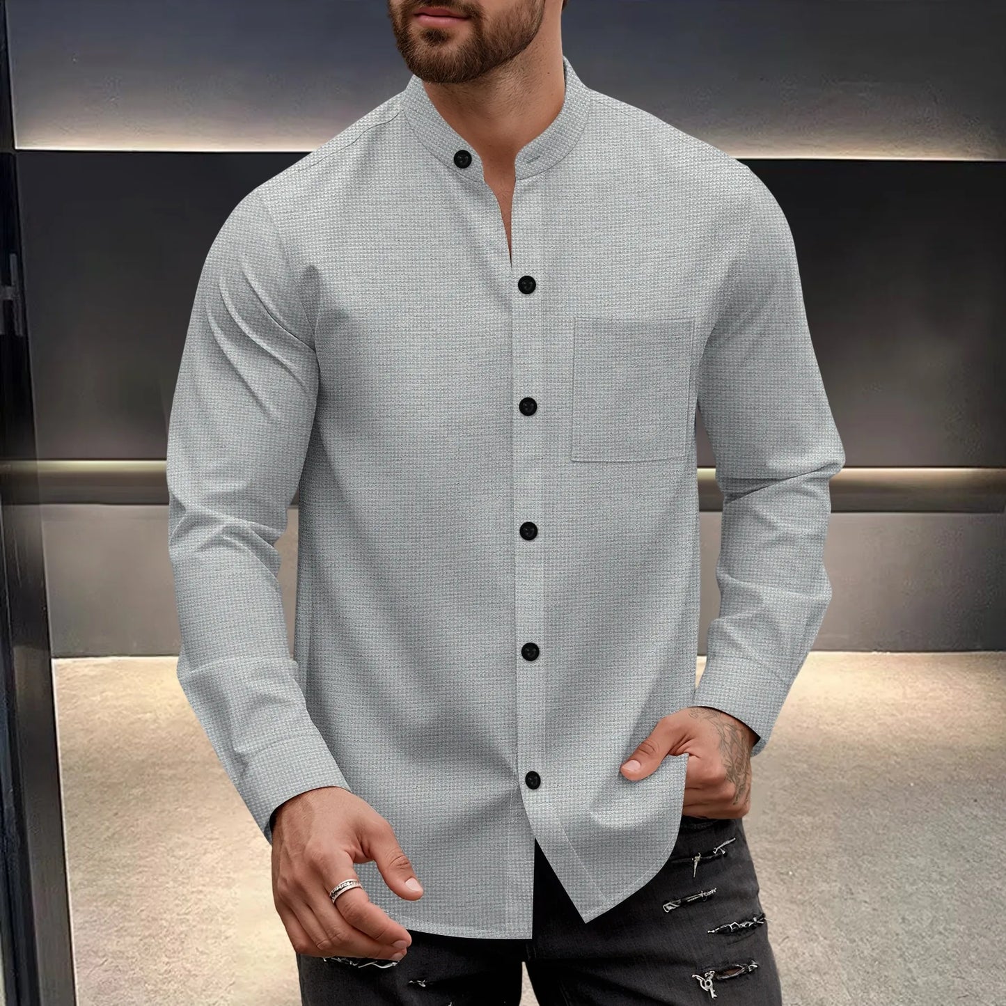 Men's Waffle Shirt Fashionable Stand-Up Collar Button Shirt and Trousers 1/2 Pieces Comfortable Breathable Casual