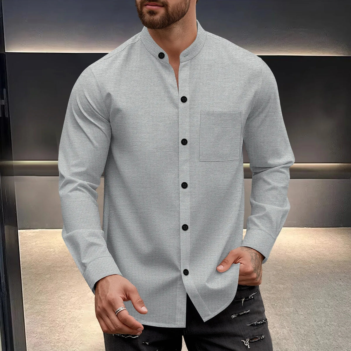Chemise gaufrée pour homme, chemise tendance à col montant boutonné et pantalon, ensemble 1 ou 2 pièces, confortable, respirant et décontracté