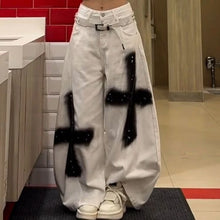 Subculture High Street Y2k Jeans Vintage Loose Pockets Pants Mid Waist Button Full Length Graffiti Chic Denim Pants New Harajuku