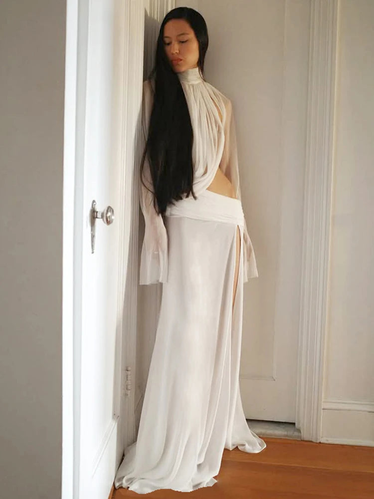 Nibber Elegant 2-Piece Set Women Sexy See Through Turtleneck Irregular Crop Top+Skirts Matching Clubwear Matching Split Suit