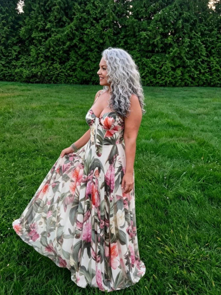 Women's Vacation Maxi Dress Sexy Floral Print Sweetheart Neck Sleeveless Evening Gowns Back Tie Up Robes New Summer Lady Dresses