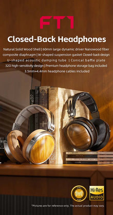 FiiO FT1 Closed-Back Over-Ear Headphone 60mm Dynamic Driver Hi-Res Audio Wired HiFi American Black Wood Ear Cups for Studio