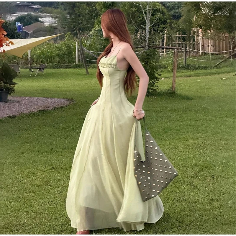 Spaghetti Strap Chiffon Lace Trim Flared Dress Sleeveless Waist Cinched 2026 Summer Formal Women Gown Chic Causal Lady Vestido