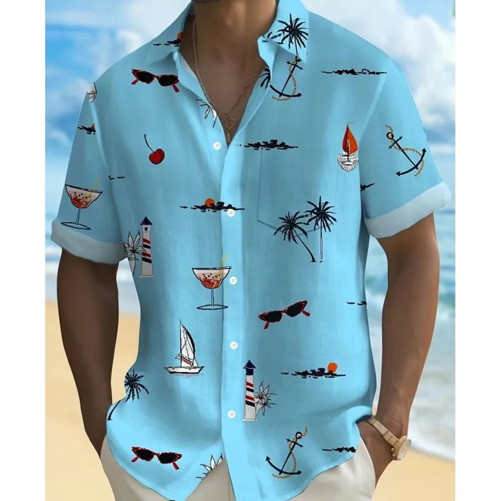 2026 Casual Men's T-shirt Menswear Clothing Shirts For Man Beachwear Daily All-match Loose Buttons Fashion Printed Short Sleeves