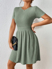 Chic Knee Length Solid Knit A Line Dress With Ribbed Waist