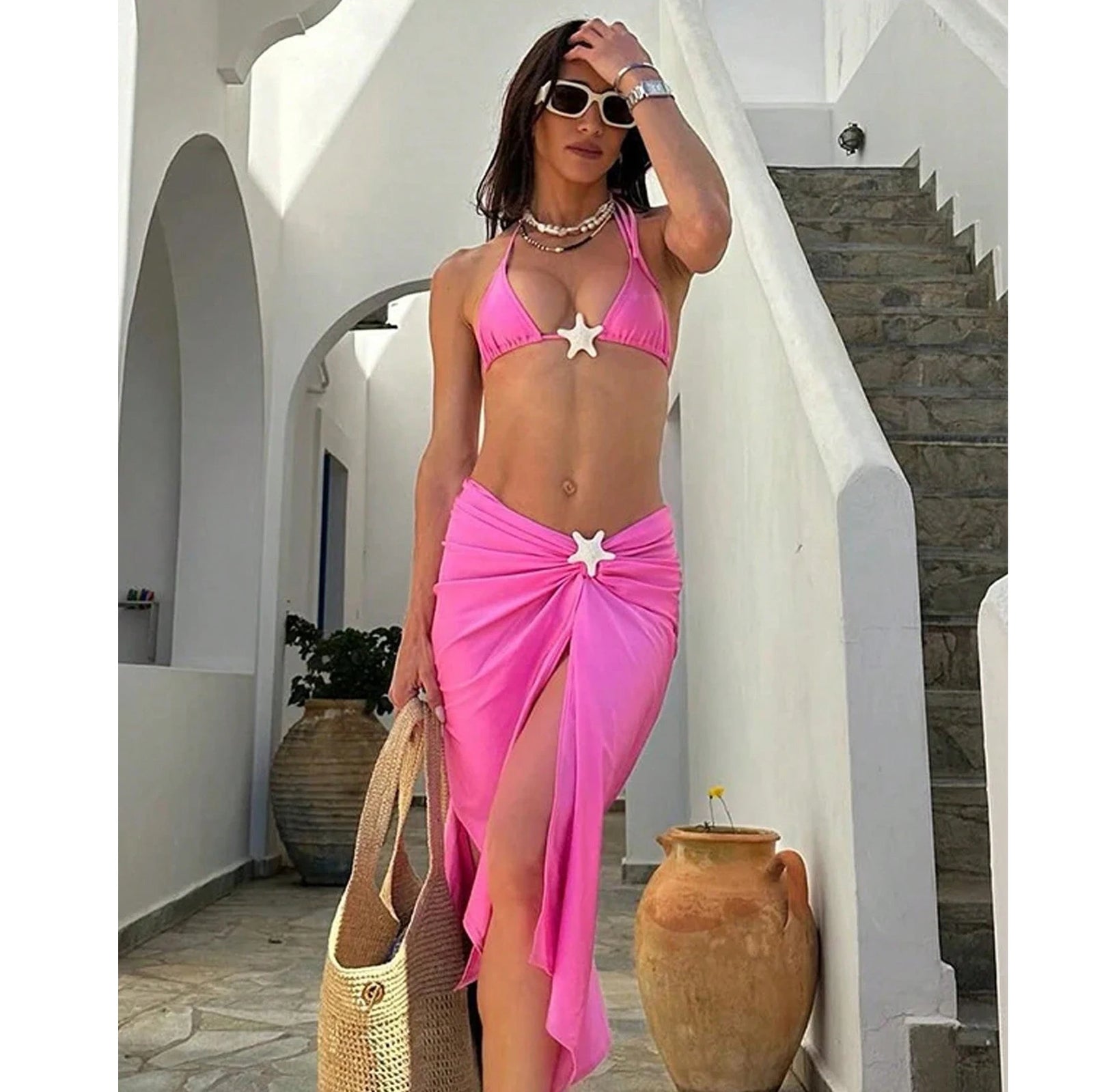 3Packs Bandage Bikini Swimsuit With Beach Skirt 3D Flower Swimwear Swimsuits Bathing Suits Sarongs Print Beachwear Biquini