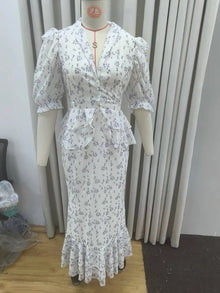 Robe longue à imprimé, col en V, taille cintrée et plissée, à revers et manches courtes, taille haute, élégante, nouvelle robe d'été pour femme