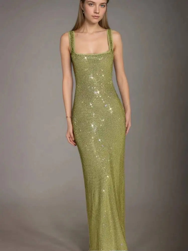 DEAT Fashion Shoulder Sequin Mesh Diamond Suspender Dress Women's Slim Fit High Waist Ankle-length Dresses New 7A846