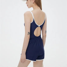 Sports Navy Blue Two-piece Swimsuit Set with Suspenders and High Waisted Shorts Suitable for Beach Swimming Pool Training