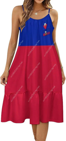 Haiti Flag Haitian Dress Women Sexy Long Suspender Dresses Halter Flared Dresses Casual Midi Dress