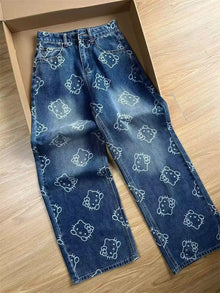 Kawaii Women Hello Kittys Printed Jeans Y2K Girls Cartoon Denim Pant Fashion High Waist Wide Leg Pant Teenager Casual Trousers