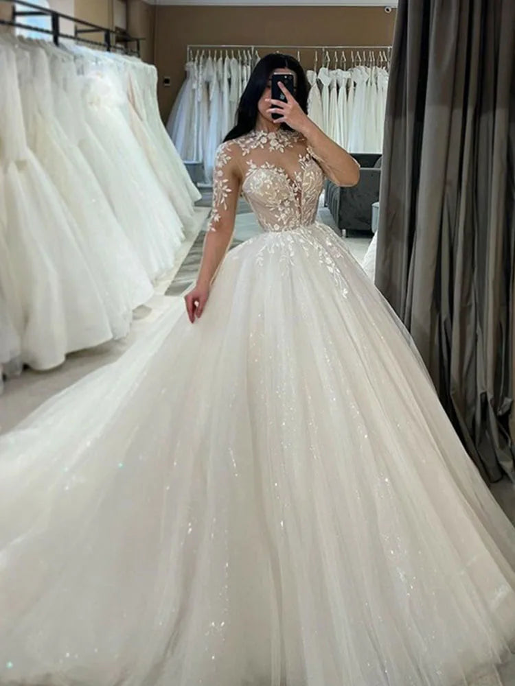 Smileven Long Sleeve Lace Wedding Dresses A Line High Neck Shiny Appliques Bridal Gowns Glitter Tulle vestidos de novia 2026