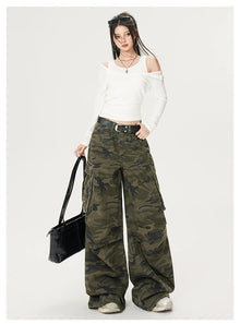 Women's Green Camouflage Workwear Pants Jeans Y2K American High Street Harajuku Loose Wide Leg Long Jeans Casual Clothing 2026