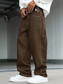 Men's vintage brown-and-white thin pinstripe loose wide-leg denim trousers, Y2K workwear street-style unisex casual jeans