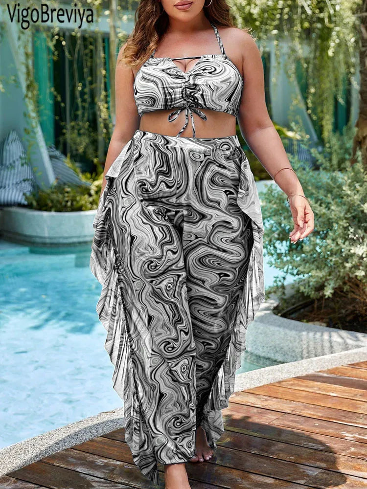 VigoBreviya 2026 Print 3 Piece Plus Size Mesh Pants Bikini Set Women Hollow Push Up Curvy Swimsuit Beach Lady Big Bathing Suit