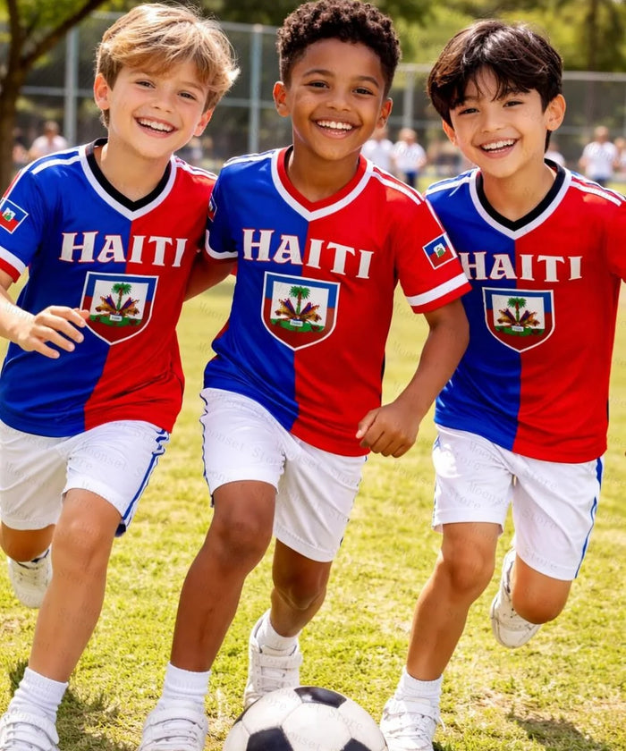 T-shirt de football pour enfants Haïti été, haut de sport à manches courtes à séchage rapide avec drapeau national, t-shirts pour hommes et femmes