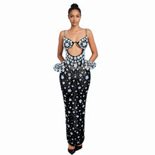 black flower Full Diamond Strap Wrap Hip Back Split Long Dress Birthday Celebration Party Dress Photoshoot Prom  Dress