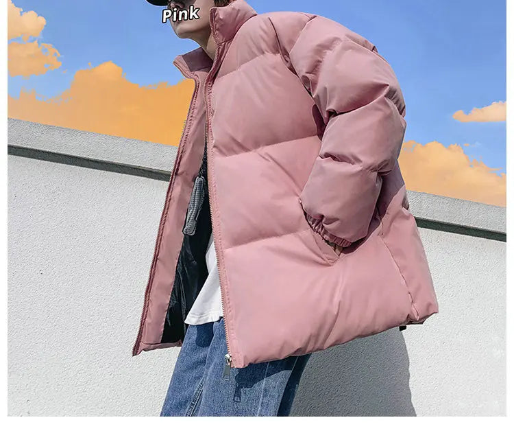 Streetwear Harajuku Warm Men's Winter Coat Solid Color Casual Parka Stand Collar Fashion Oversize Women's Winter Jacket