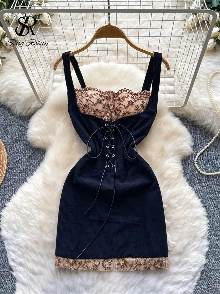 SINGREINY Lace Up Mini Dress Patchwork Slim Fit Summer Women