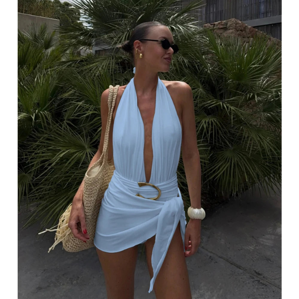Two Piece Micro Bikini Halter Swimwear Solid Bodysuit