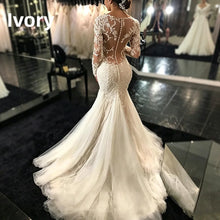 Long Sleeve Mermaid Wedding Dresses Sheer V Neck Lace Appliques Illusion Back Bridal Gown Sweep Train Tulle Vestido De Novia