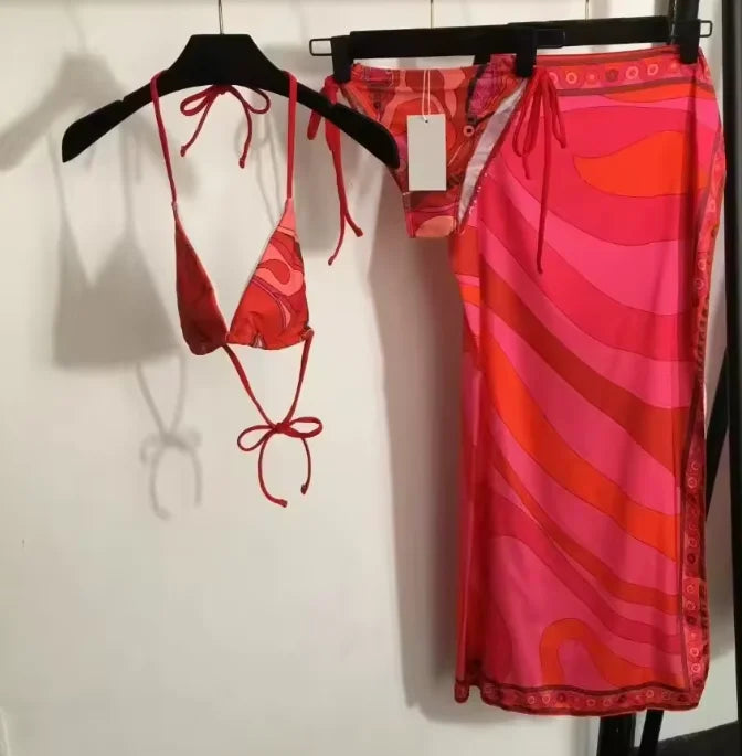 2026 Fashion Design Women's Red Scarf Sling Swimsuits Classic Brand Lady Scarf Bikini Sets with Letter Signature Logo