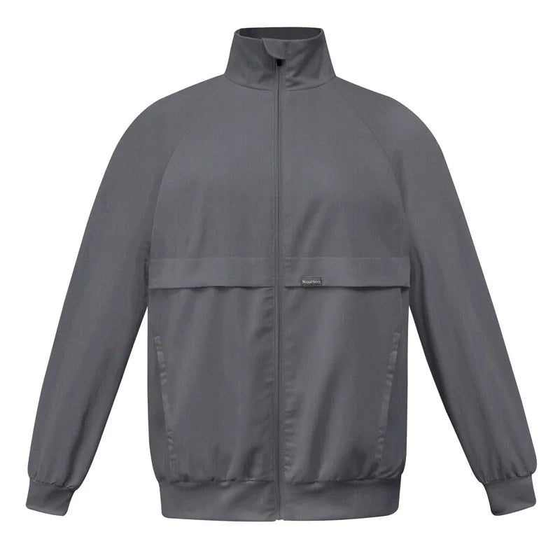 Surgical gown jacket, long sleeved jacket, stand up collar with multiple pockets, medical brush gloves, nurse work clothes