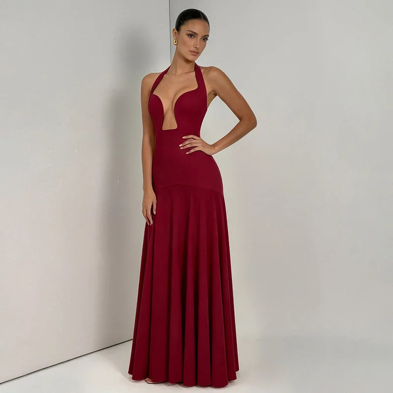 2026 NEW Summer Women Halter Front Cut Out V Neck Bodycon Maxi Dress Sleeveless Sexy Elegant Club Evening Party Long Dress