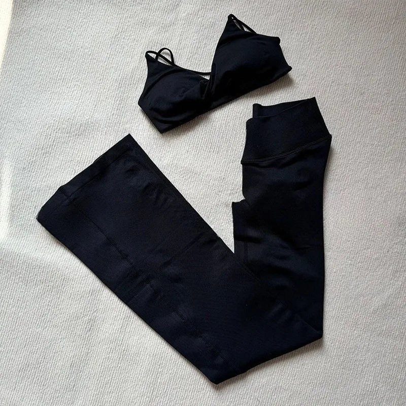 NO LOGO 2 Pieces Flared Legging Set Women Twist Front Sports vest Top Wide Leg Yoga Pants Seamless Yoga Set Tracksuits Workout